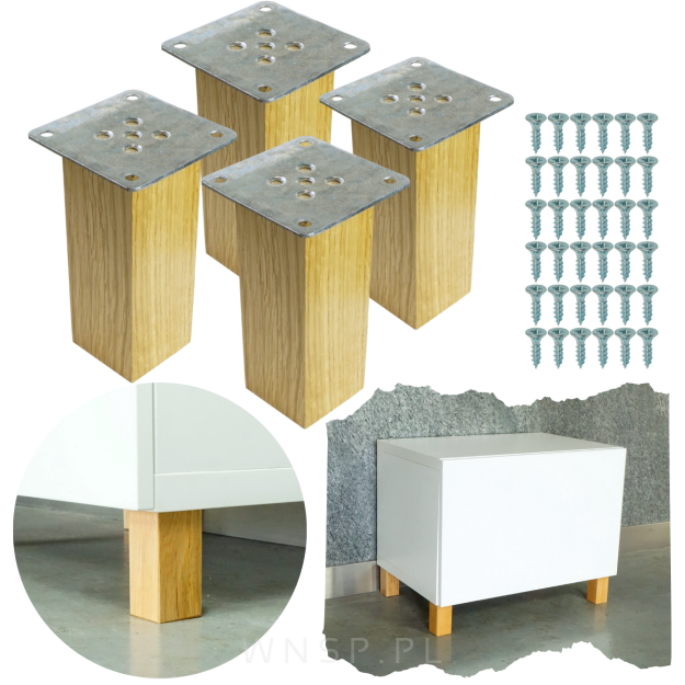 Nogi dębowe 12 CM lakierowane, nóżki kwadratowe drewniane dąb, zestaw z blachami i wkrętami