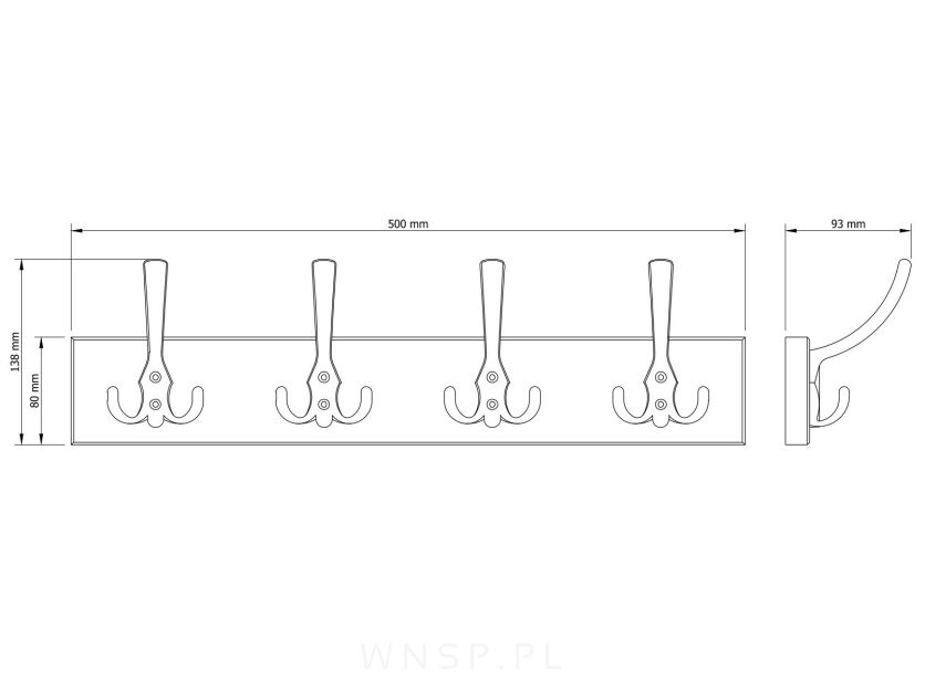 Wieszak ścienny na ubrania, z 4 haczykami, surowy