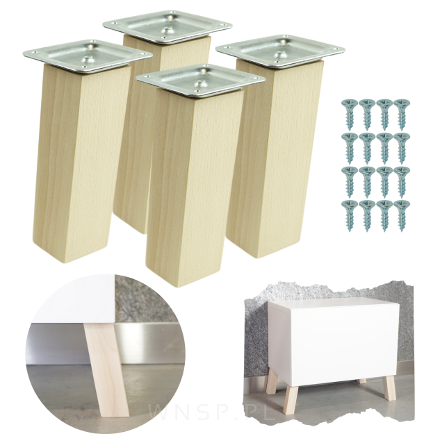 4x Noga kwadratowa bukowa 45 x 45 mm, 15 CM, skośna, surowa z blachą montażową