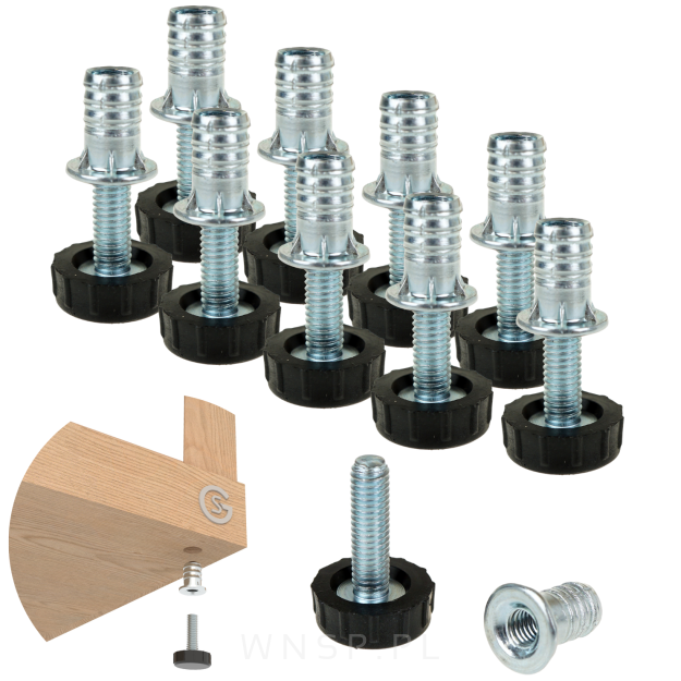 10x Zestaw Stopka meblowa regulator do mebli, nóżka do mebli M6 x 20 z mufą