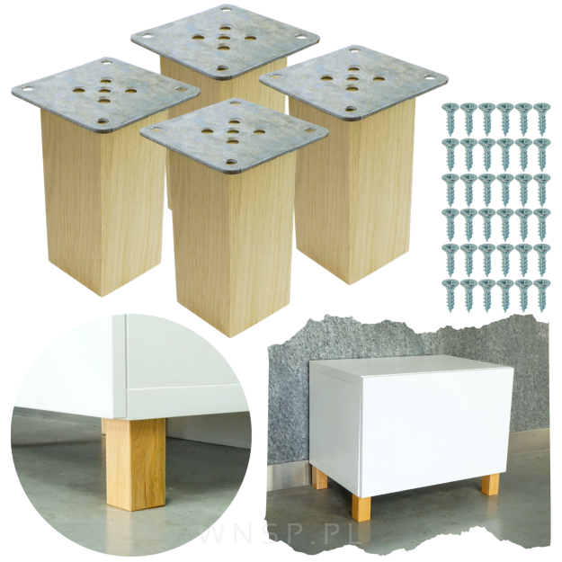 Nogi dębowe 10 CM, nóżki kwadratowe drewniane dąb, zestaw z blachami i wkrętami