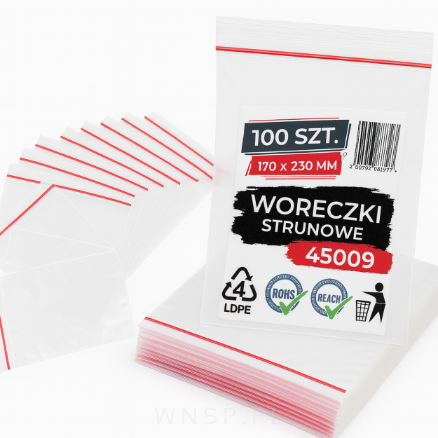 Woreczki strunowe 100 sztuk, mocne torebki zamykane 170 x 230 mm, grube 50 mic