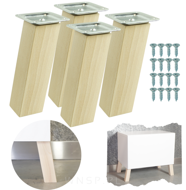 4x Noga kwadratowa bukowa 45 x 45 mm, 20 CM, skośna, surowa z blachą montażową