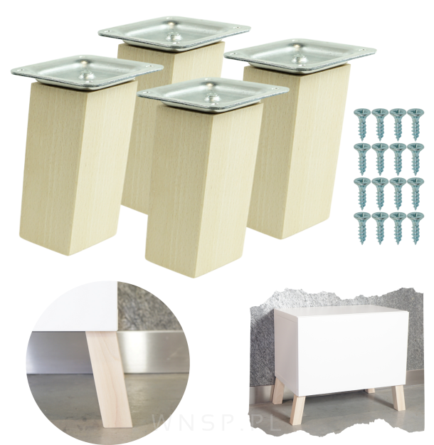 4x Noga kwadratowa bukowa 45 x 45 mm, 10 CM, skośna, surowa z blachą montażową