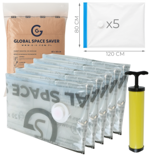 WORKI PRÓŻNIOWE 120 x 80 CM ZESTAW 5 SZTUK + POMPKA GRATIS, NA UBRANIA, KOCE, POŚCIEL DO SZAFY, GARAŻU, PIWNICY, NA STRYCH MOCNE GRUBE