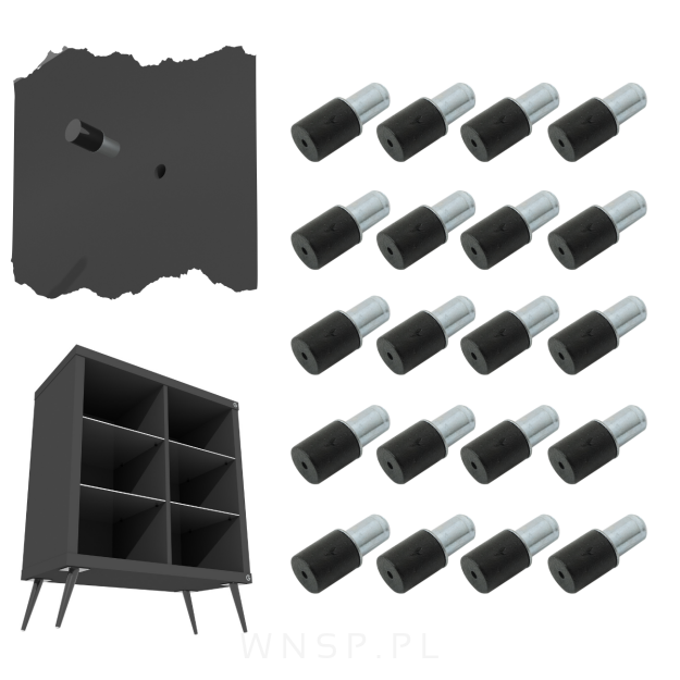 Podpórka do półki z czarną otuliną, wspornik półki Ø 5 mm, podpórka 100 sztuk, kołek meblowy ocynk biały