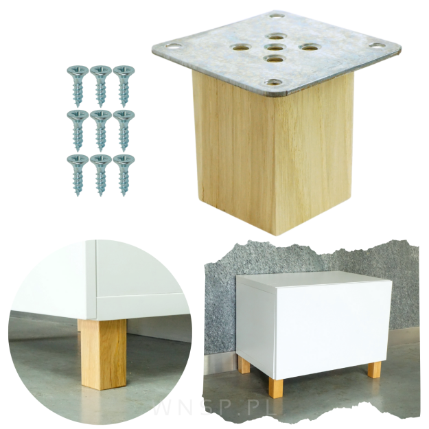 Noga dębowa 6 CM, nóżka drewniana dąb kwadrat, zestaw z blachą i wkrętami