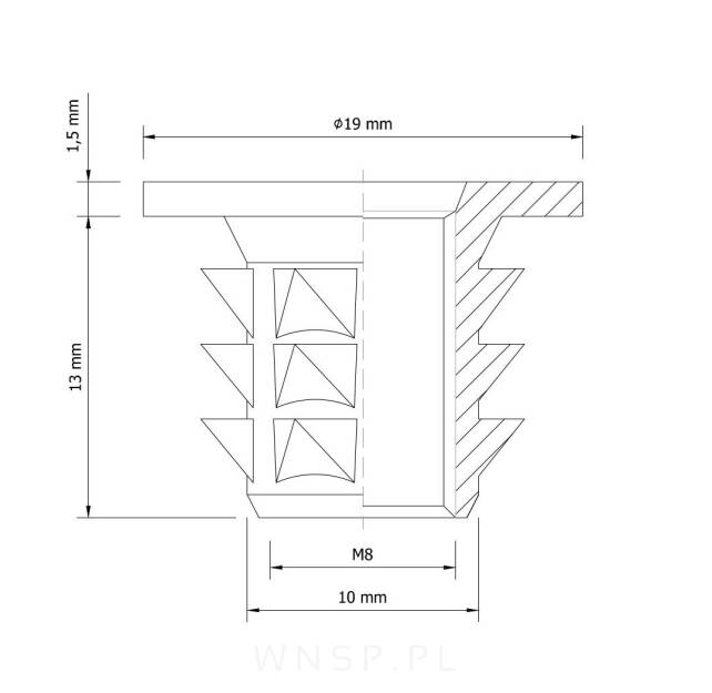 Mufa wbijana M8 x 13 mm, do stopek meblowych