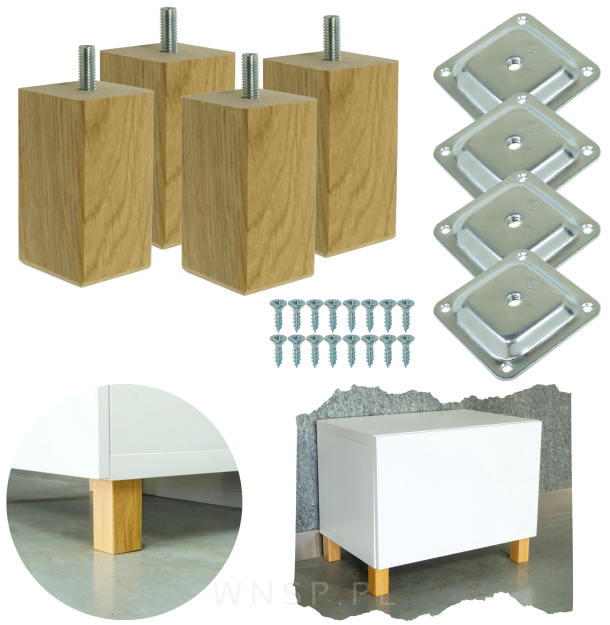 4x Noga kwadratowa dębowa 45 x 45 mm, 8 CM, lakierowana z blachą montażową