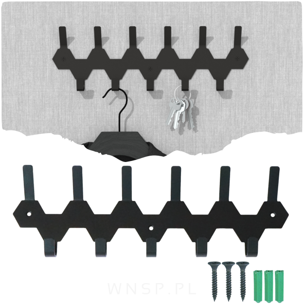 Wieszak 340 mm z 11 uchwytami, haczyk, kolor czarny przykręcany