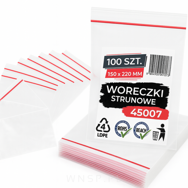 Woreczki strunowe 100 sztuk, mocne torebki zamykane 150 x 220 mm, grube 50 mic