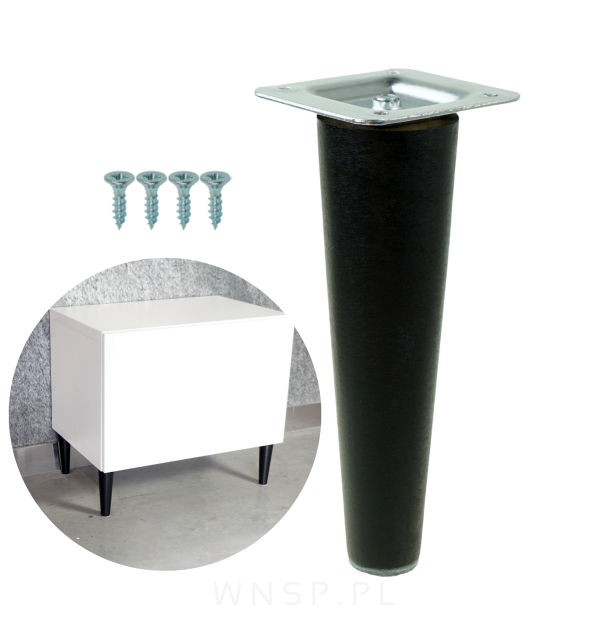 Noga bukowa prosta, stożek 20 cm czarna z blachą montażową