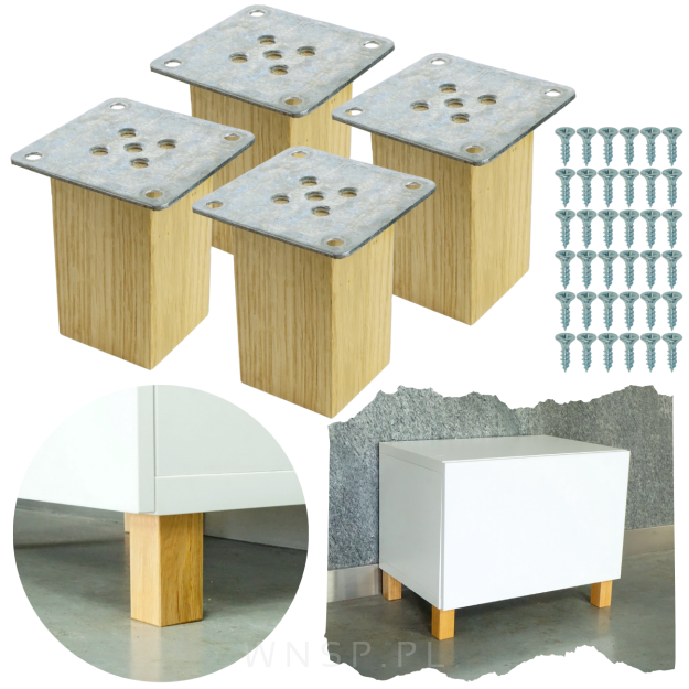 Nogi dębowe 8 CM lakierowane, nóżki kwadratowe drewniane dąb, zestaw z blachami i wkrętami