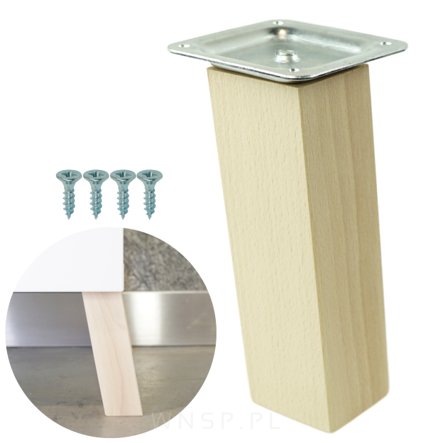 Noga kwadratowa bukowa 45 x 45 mm, 15 CM, skośna, surowa z blachą montażową