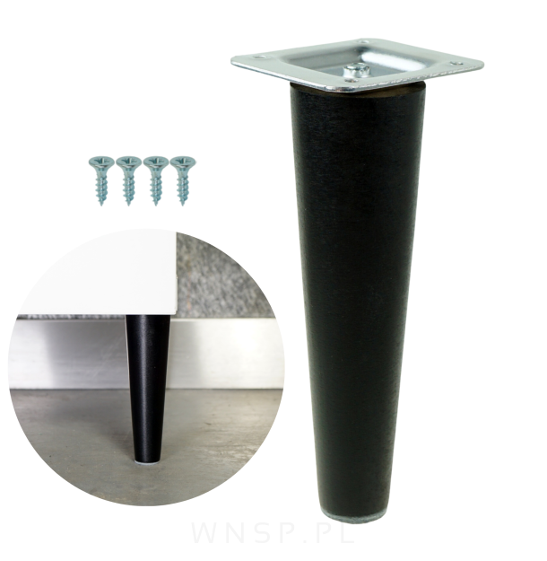 Noga bukowa prosta, stożek 15 cm czarna z blachą montażową