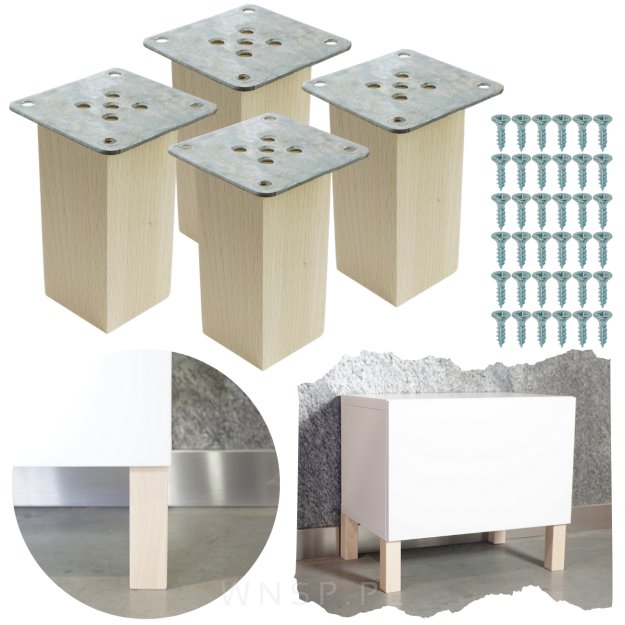 Nogi bukowe 10 CM, nóżki kwadratowe drewniane buk, zestaw z blachami i wkrętami