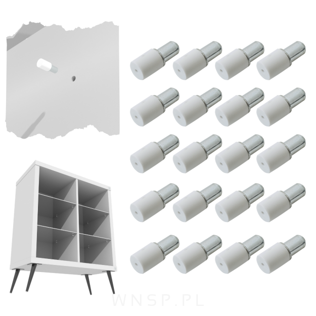 Podpórka do półki z białą otuliną, wspornik półki Ø 5 mm, podpórka 100 sztuk, kołek meblowy ocynk biały