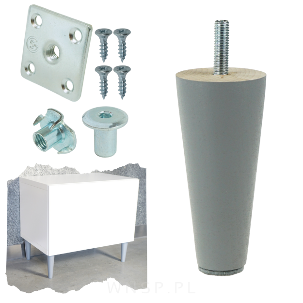 Noga nóżka drewniana prosta szary mat 10 cm zestaw z różnymi mocowaniami