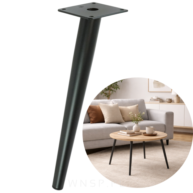 Noga stalowa skośna stożek 30 cm, z blachą montażową, czarna matowa
