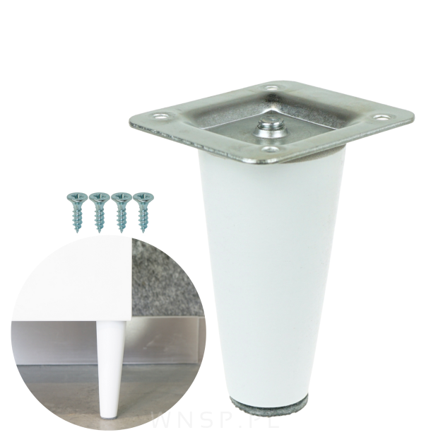 Noga bukowa prosta, stożek 8 cm biała z blachą montażową
