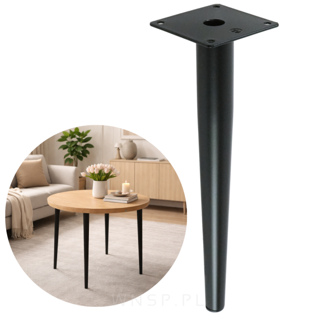 Noga stalowa prosta stożek 30 cm, z blachą montażową, czarna matowa