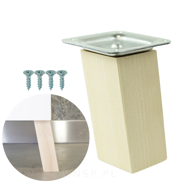 Noga kwadratowa bukowa 45 x 45 mm, 10 CM, skośna, surowa z blachą montażową