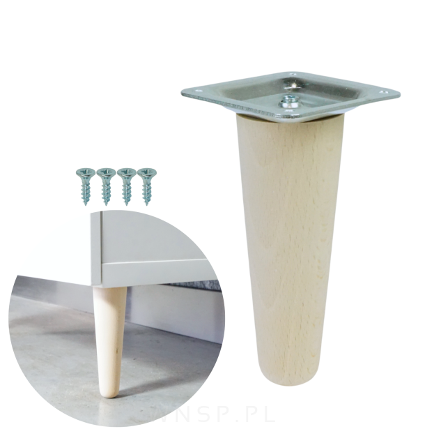 Noga bukowa prosta UNIQ 8 cm z blachą montażową, surowa
