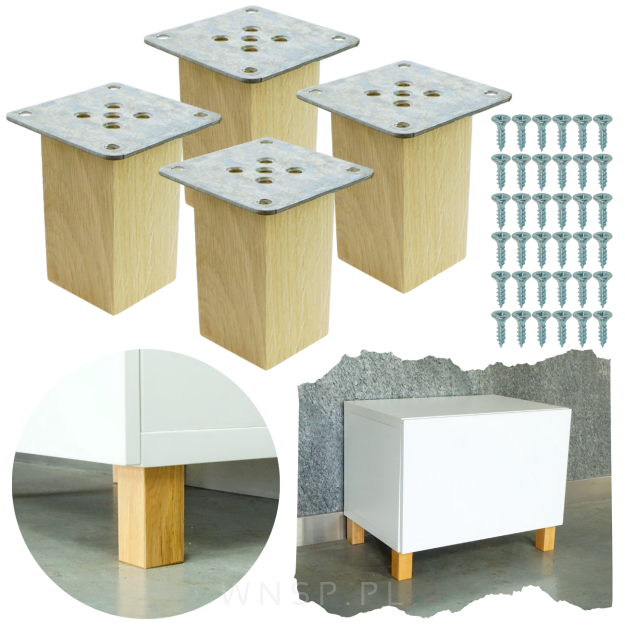 Nogi dębowe 8 CM, nóżki kwadratowe drewniane dąb, zestaw z blachami i wkrętami