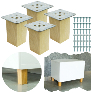 Nogi dębowe 8 CM, nóżki kwadratowe drewniane dąb, zestaw z blachami i wkrętami