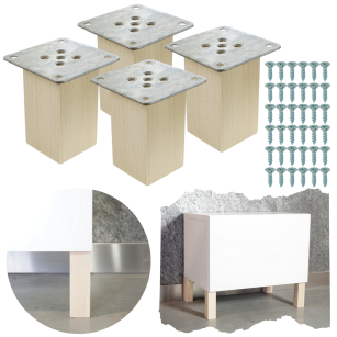 Nogi bukowe 8 CM, nóżki kwadratowe drewniane buk, zestaw z blachami i wkrętami