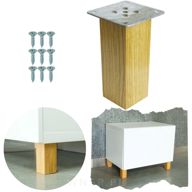 Noga dębowa 12 CM, nóżka drewniana dąb lakier kwadrat, zestaw z blachą i wkrętami