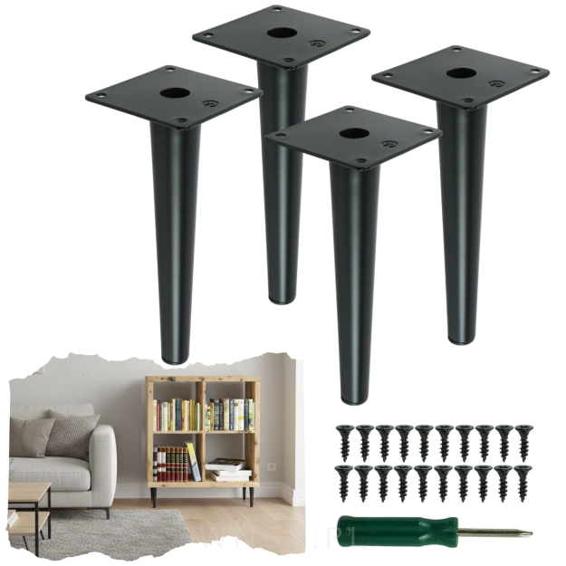 Nogi stalowe proste 20 cm, zestaw z wkrętami, czarne matowe