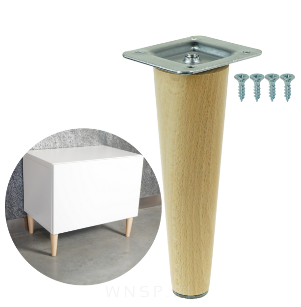 Noga bukowa prosta, stożek 20 cm lakier bezbarwny z blachą montażową