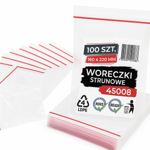 Woreczki strunowe 100 sztuk, mocne torebki zamykane 160 x 220 mm, grube 50 mic