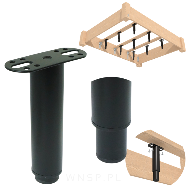 Noga stalowa regulowana 15 - 25 cm z blachą montażową, czarna