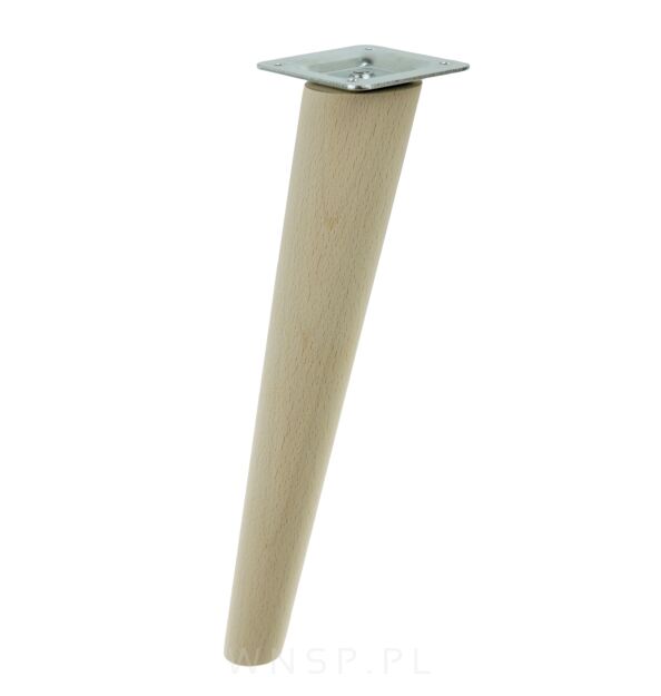 Noga meblowa bukowa skośna, 45 cm surowa z blachą montażową