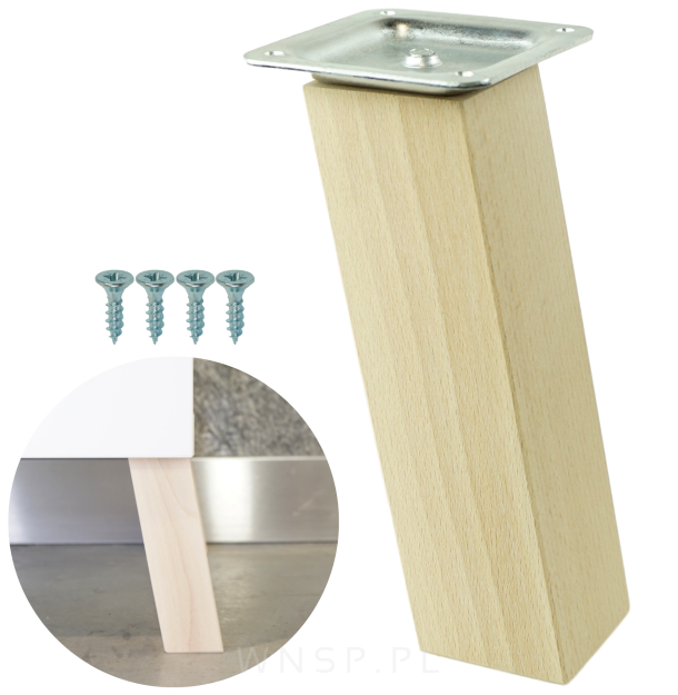 Noga kwadratowa bukowa 45 x 45 mm, 20 CM, skośna, surowa z blachą montażową
