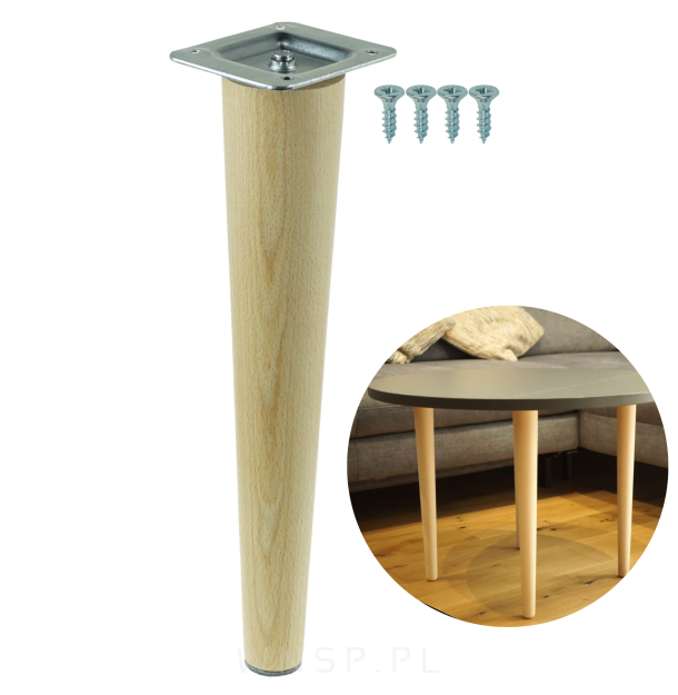 Noga bukowa prosta, stożek 30 cm lakier bezbarwny z blachą montażową