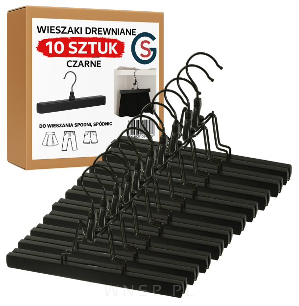 WIESZAK DREWNIANY NA SPODNIE CZARNY ZESTAW X10 WIESZAKI Z KLIPSAMI