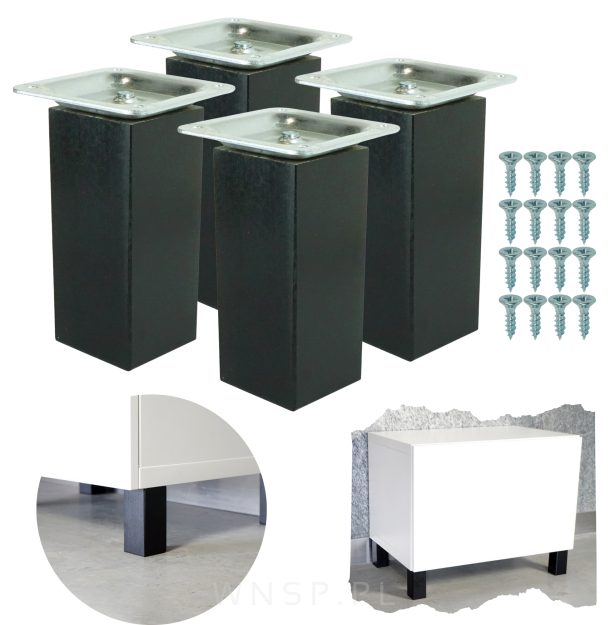 4x Noga kwadratowa bukowa 45 X 45, prosta, 10 CM, czarna z blachą montażową