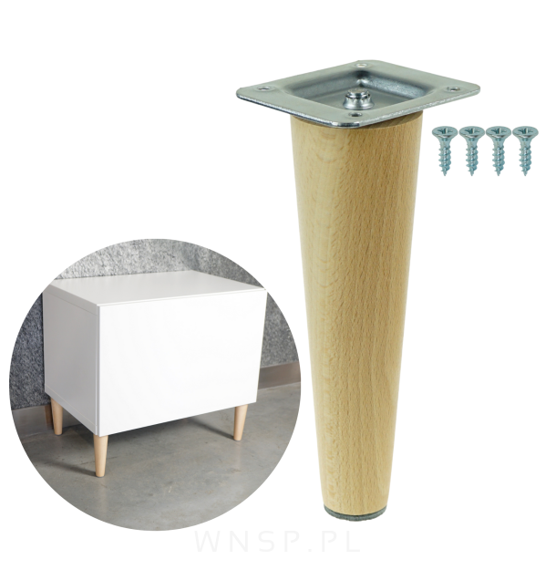 Noga bukowa prosta, stożek 15 cm lakier bezbarwny z blachą montażową