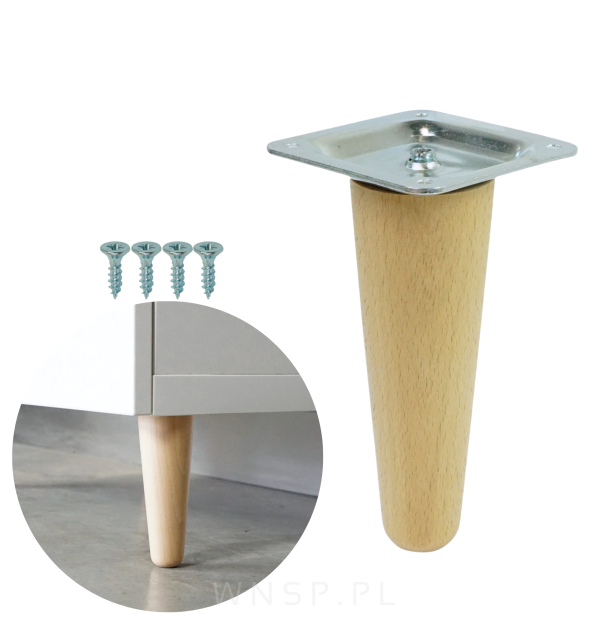 Noga bukowa prosta UNIQ 10 cm z blachą montażową, lakier bezbarwny