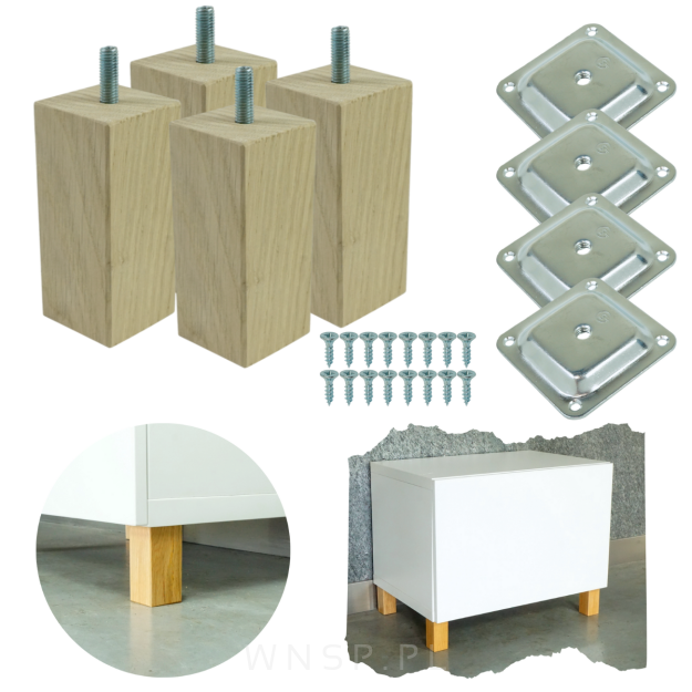 4x Noga kwadratowa dębowa 45 x 45 mm, 10 CM, surowa z blachą montażową