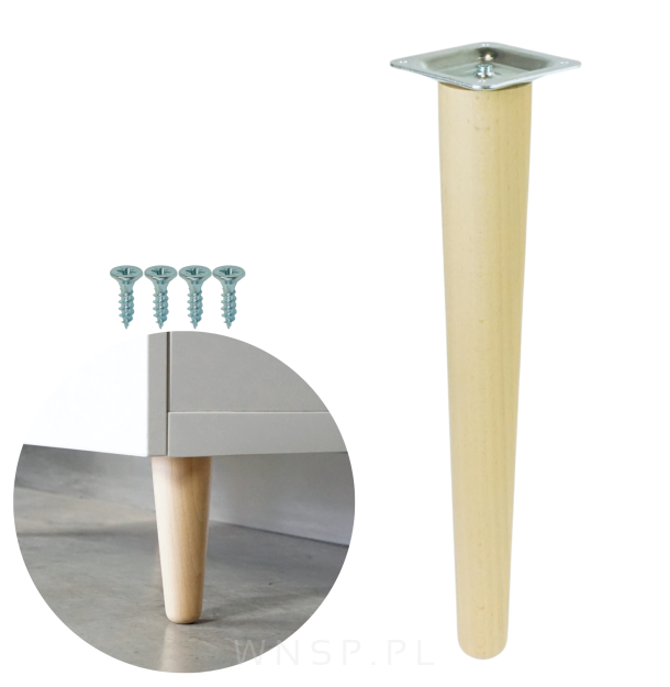 Noga bukowa prosta UNIQ 25 cm z blachą montażową, lakier bezbarwny