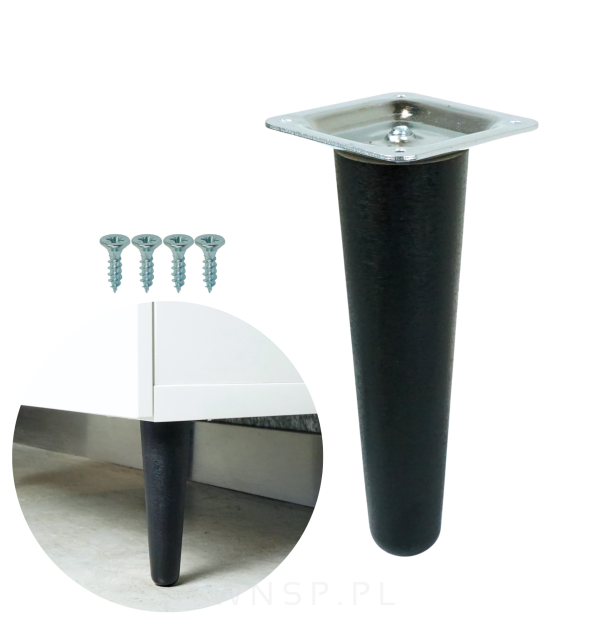 Noga bukowa prosta UNIQ 8 cm z blachą montażową, czarna
