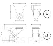 Zestaw kółek Ø 50 mm, gumowane czarne z hamulcem i podstawą w kolorze czarnym - 2