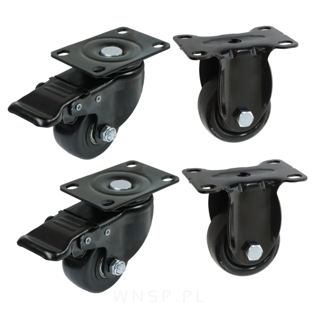 Zestaw kółek Ø 50 mm, gumowane czarne z hamulcem i podstawą w kolorze czarnym