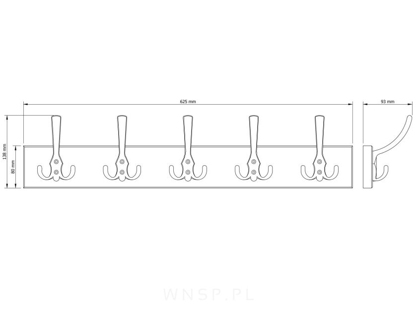 Wieszak ścienny na ubrania, z 5 haczykami, dąb surowy