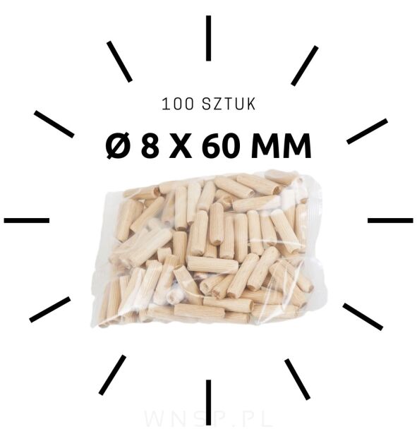 100 X kołek drewniany meblowy ø 8 X 60 mm