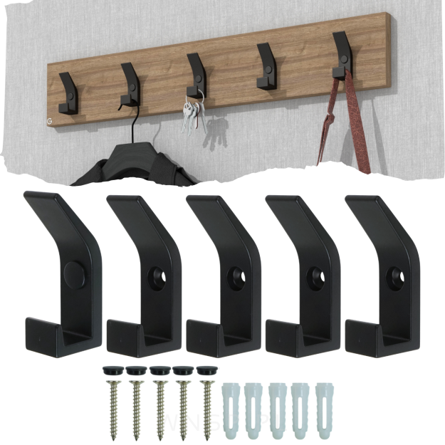 Haczyki na ubrania podwójny 5 sztuk, Wieszak przykręcany, lamele, loft, czarny